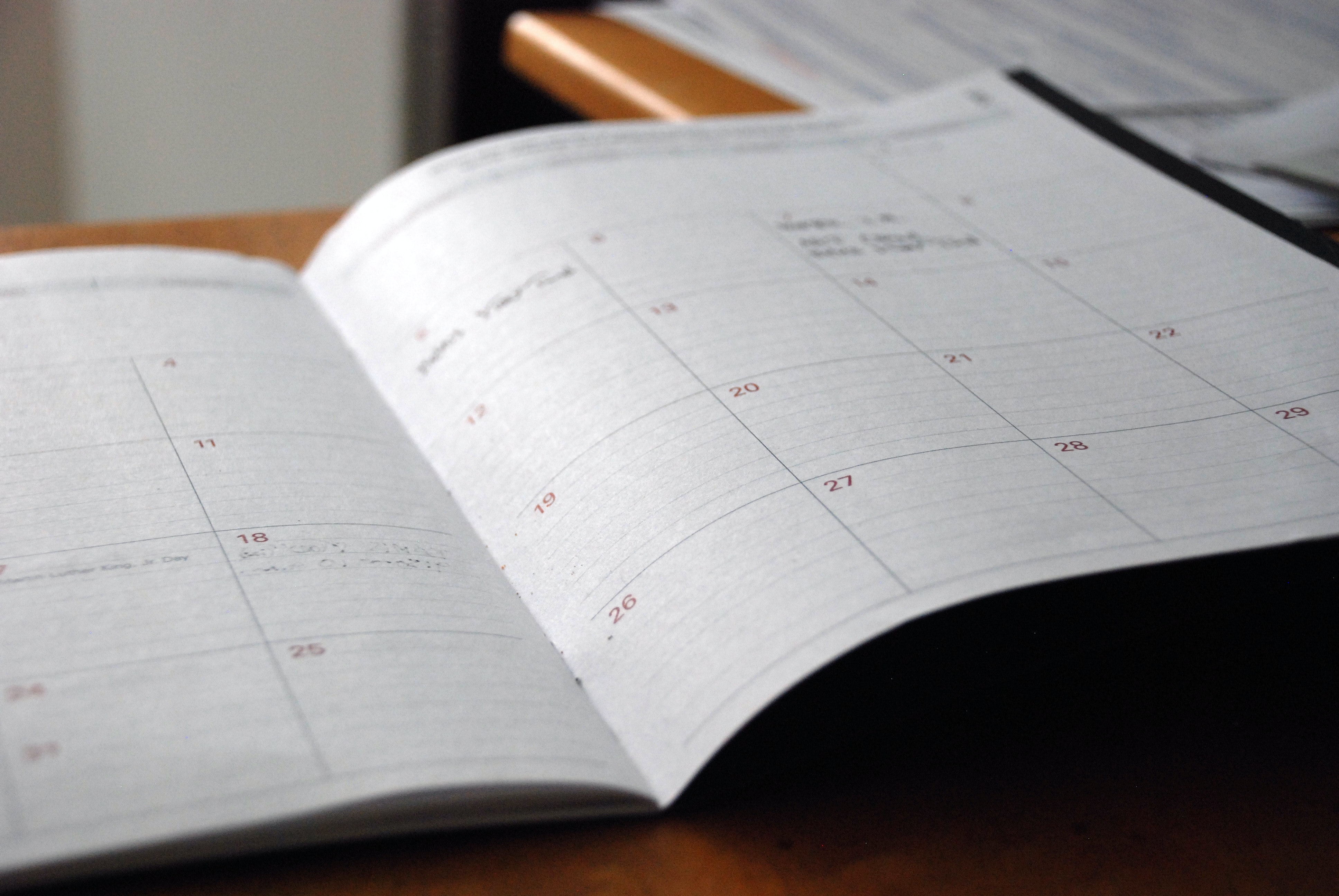 closeup of a paper planner calendar