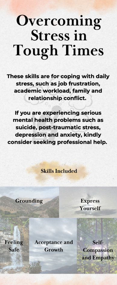 A flyer titled "Overcoming Stress in Tough Times" listing skills like grounding, expressing yourself, feeling safe, acceptance and growth, and self-compassion and empathy.