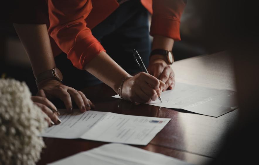 working with papers on a table