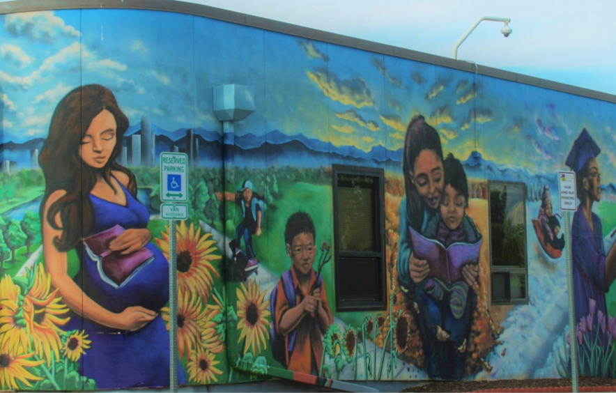 mural on a building's outside wall with women and children among sunflowers