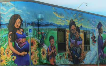mural on a building's outside wall with women and children among sunflowers