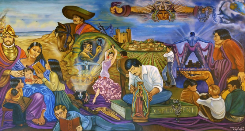 Pasado, Presente, Futuro mural by Carlota Espinoza at the Byers Branch Library in Lincoln Park