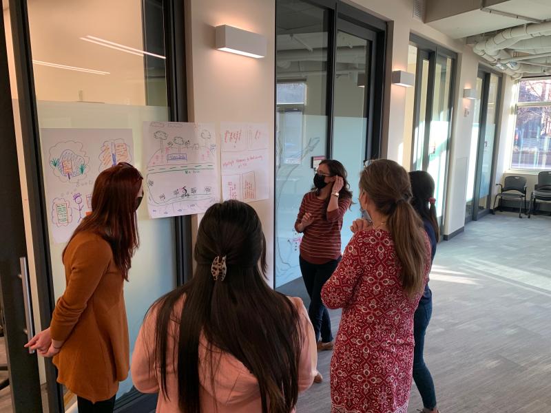 group of women looking at large post it notes