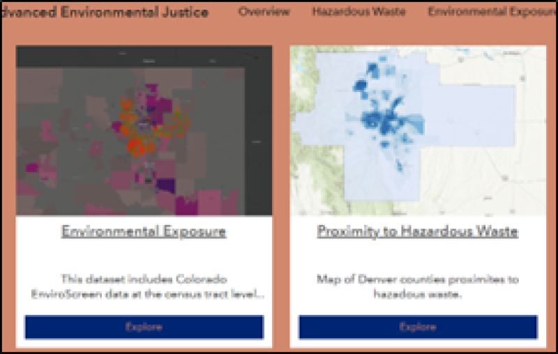 A dashboard titled "Advanced Environmental Justice" displays two interactive map panels. The first panel, titled "Environmental Exposure," shows a colorful heatmap with a description about Colorado EnviroScreen data at the census tract level. The second panel, titled "Proximity to Hazardous Waste," shows a blue-shaded map of Denver counties and their proximity to hazardous waste. Each panel includes a blue "Explore" button for further interaction.