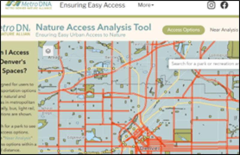 A screenshot of the "Nature Access Analysis Tool" from Metro DNA, showing a map with red and orange lines representing urban infrastructure and green areas indicating parks or natural spaces. The interface includes a search bar for parks or recreation areas and an "Access Options" button. The tool is designed to help users evaluate urban access to nature in the Denver area.