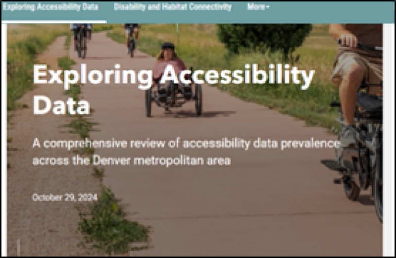 A webpage titled "Exploring Accessibility Data" displays a background image of individuals using adaptive bicycles on a paved trail. The subtitle reads, "A comprehensive review of accessibility data prevalence across the Denver metropolitan area," with the date October 29, 2024. The top navigation bar includes links for Exploring Accessibility Data, Disability and Habitat Connectivity, and More.