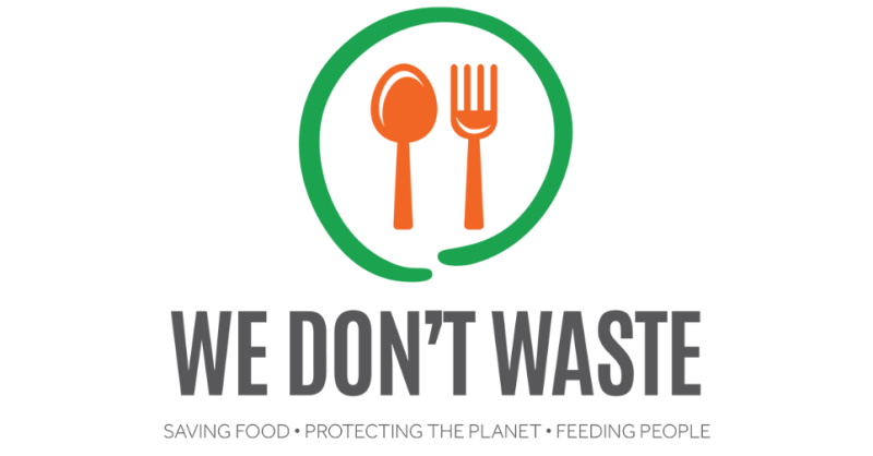 logo of a spoon and fork encircled by a circle and the text we don't waste