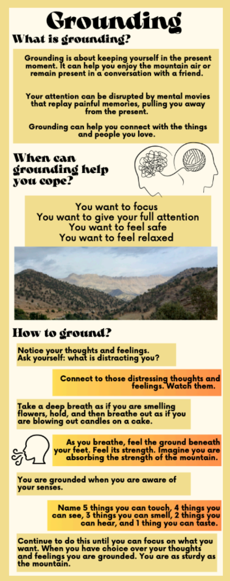 Informational infographic about grounding with explanations on its benefits, when it helps, and how to practice it, accompanied by a landscape image.