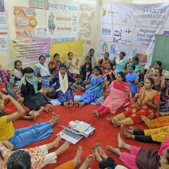 Women in Koramangala, Bangalore, India, attending a workshop focused on trauma-informed, mindfulness-based community engagement as tools or healing and empowerment.