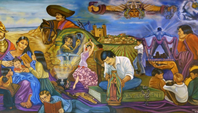 Pasado, Presente, Futuro mural by Carlota Espinoza at the Byers Branch Library in Lincoln Park