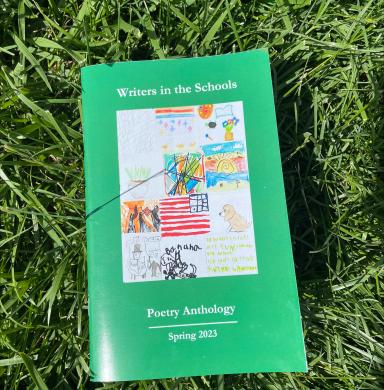 small book in grass that spells "writers in the schools"