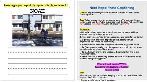 Screenshot from community-based research meeting with an example worksheet and steps for a photo captioning exercise