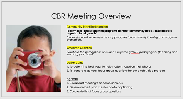 Screenshot of overview slide from community-based research meeting