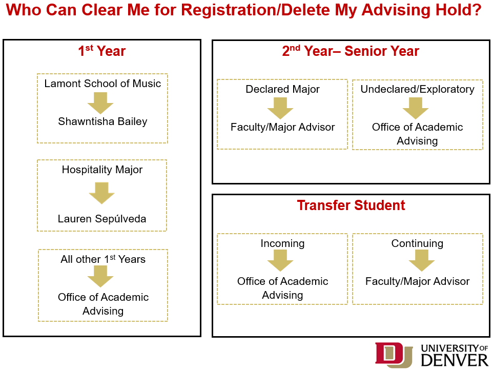 Graphic showing who can delete an advising hold based on a students year and major.